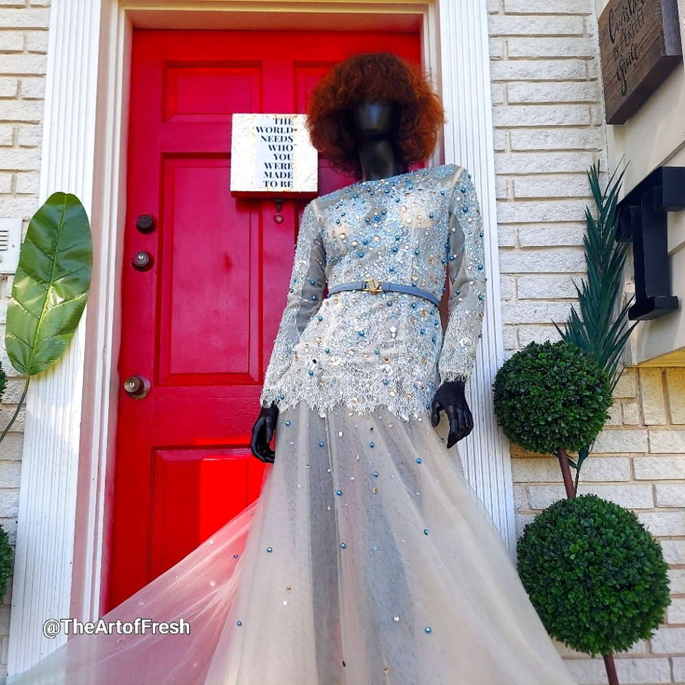 Vintage Y2K 90s Baby Blue Long Sequin Beaded Formal Gown Prom Dress